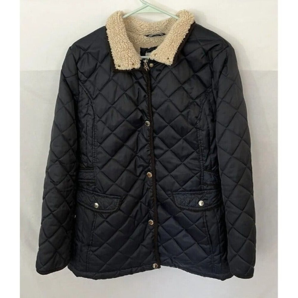 Nautica Womens Insulated Quilted Jacket Size L Faux Fur Trim Button Up Jacket